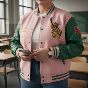 Person wearing a pink and green varsity jacket with a statue of liberty emblem in a classroom setting