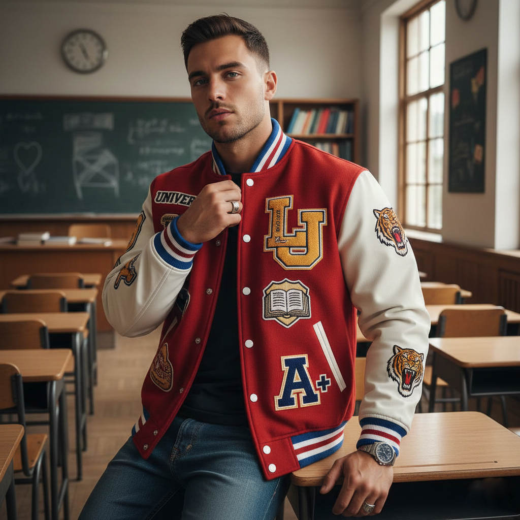 Person wearing a red and white letterman jacket in a classroom setting