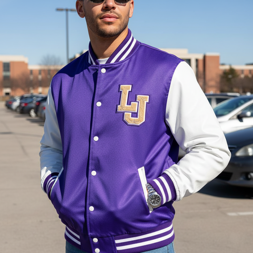 Person wearing a purple and white letterman jacket with a 'LJ' logo in a parking lot.