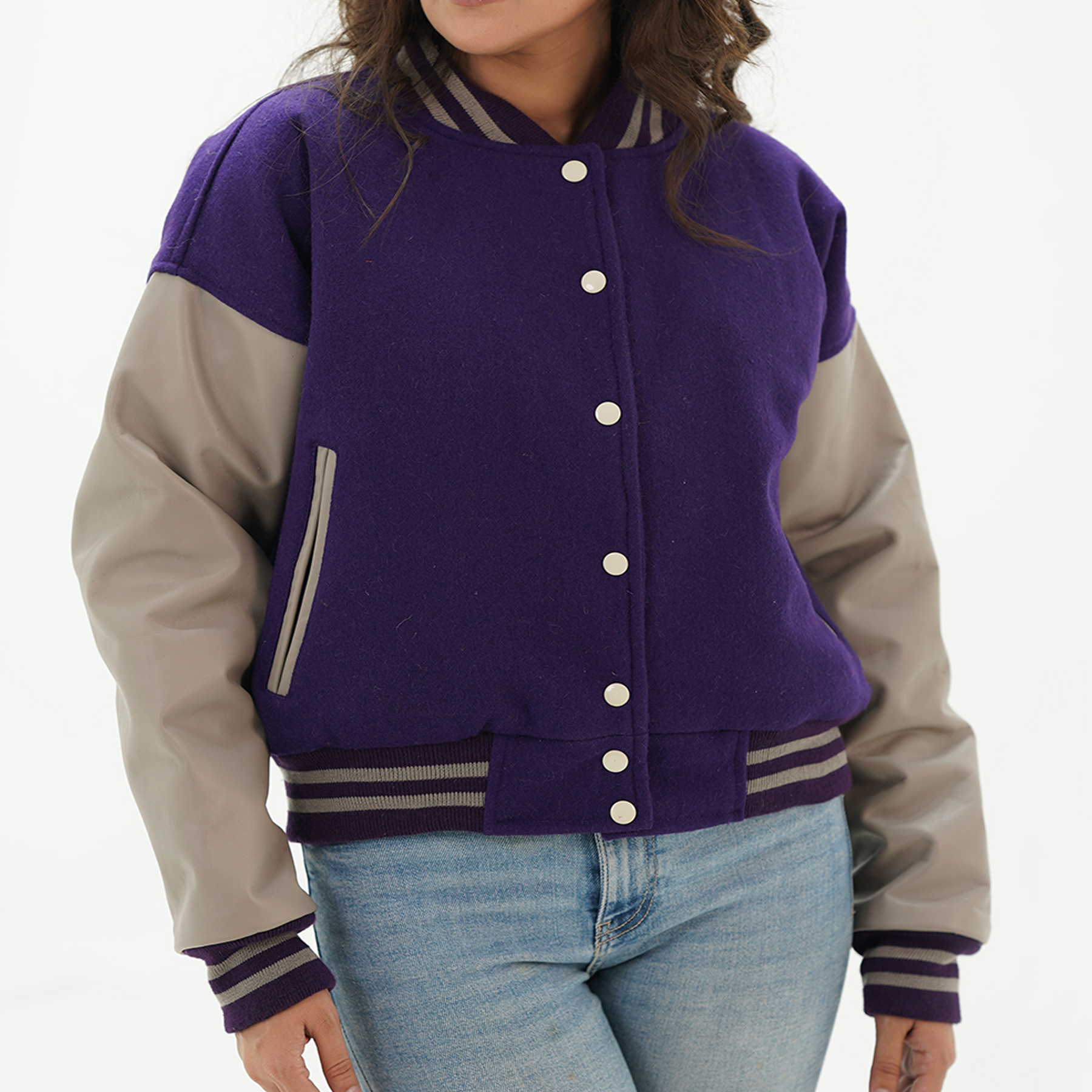 Girls Purple And Gray Letterman Jacket Leather Arms And Wool Body