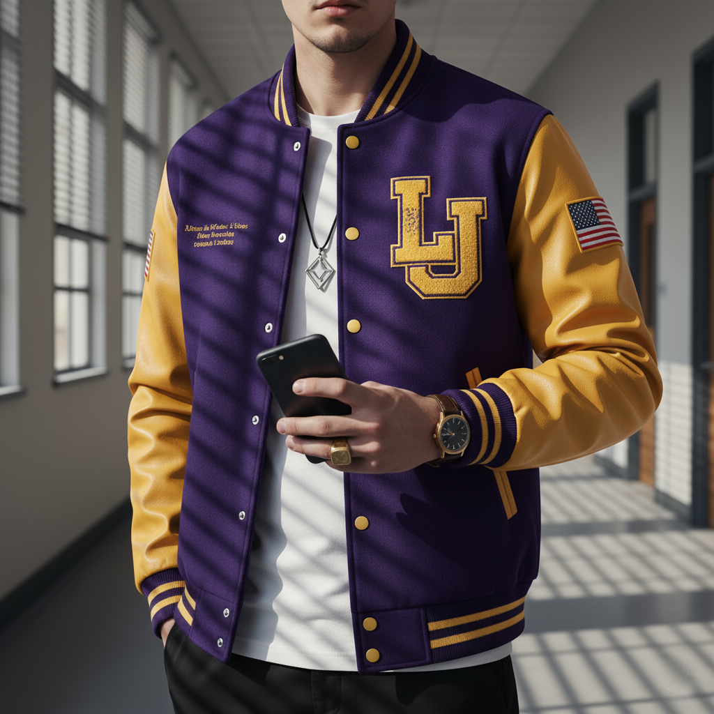 Person wearing a purple and yellow varsity jacket with an 'LJ' logo, holding a phone in a school hallway.