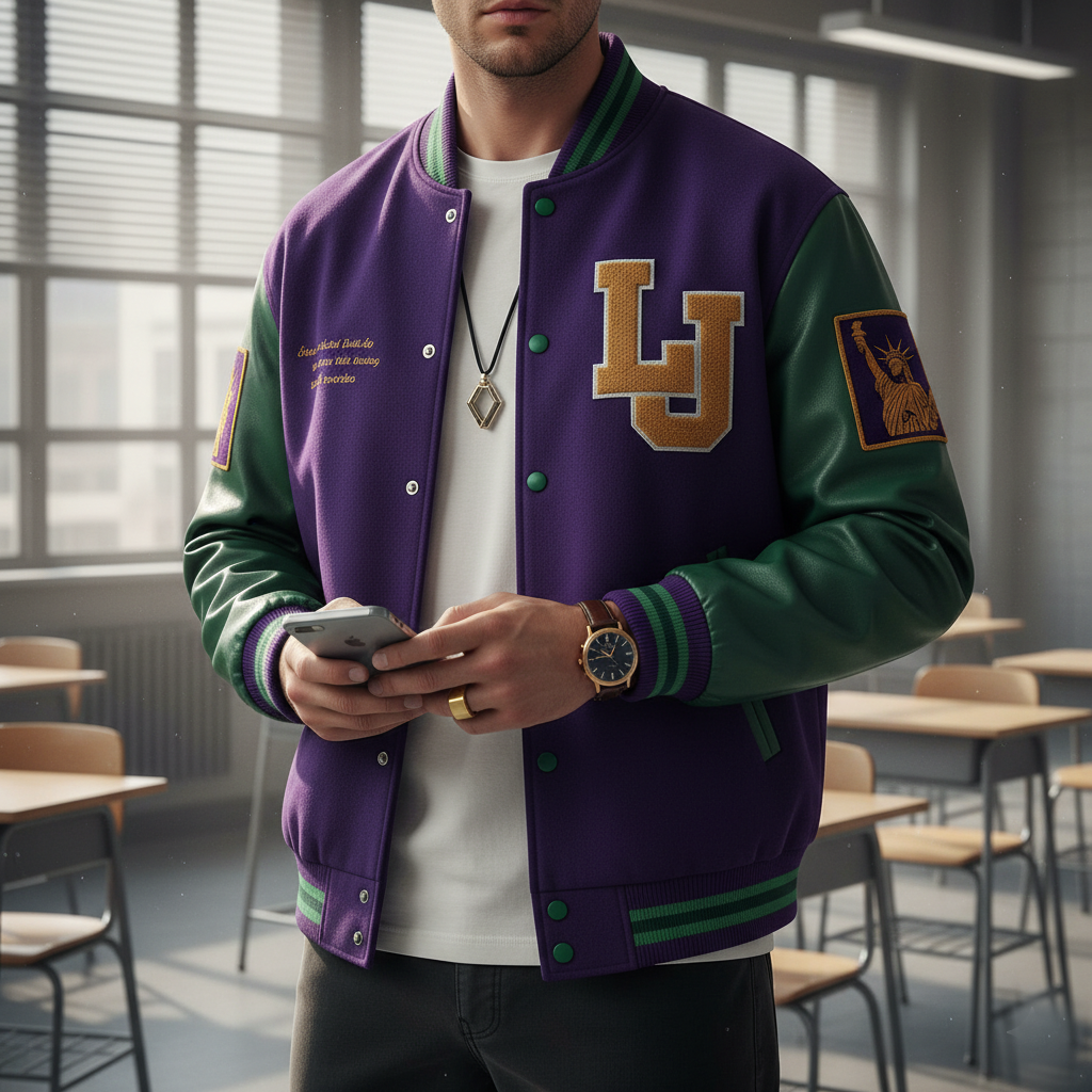 Person wearing a purple and green varsity jacket with 'LJ' emblem in a classroom setting