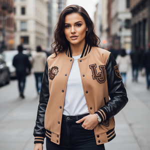 Woman wearing a tan and black varsity jacket with a lion emblem on a city street.