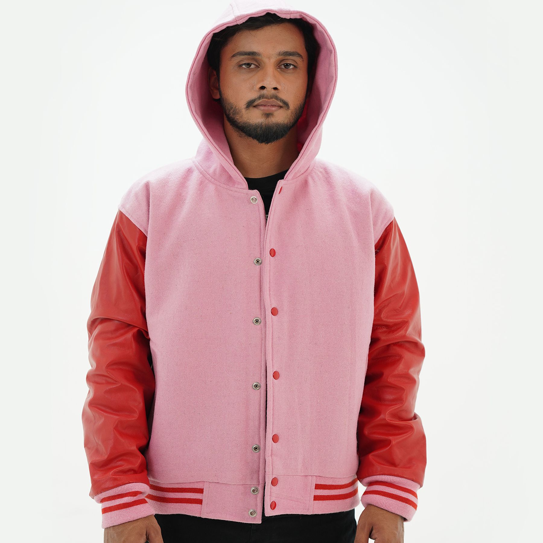 Men's Red And Pink Hooded Varsity Letterman Jacket Leather Sleeves Wool Body