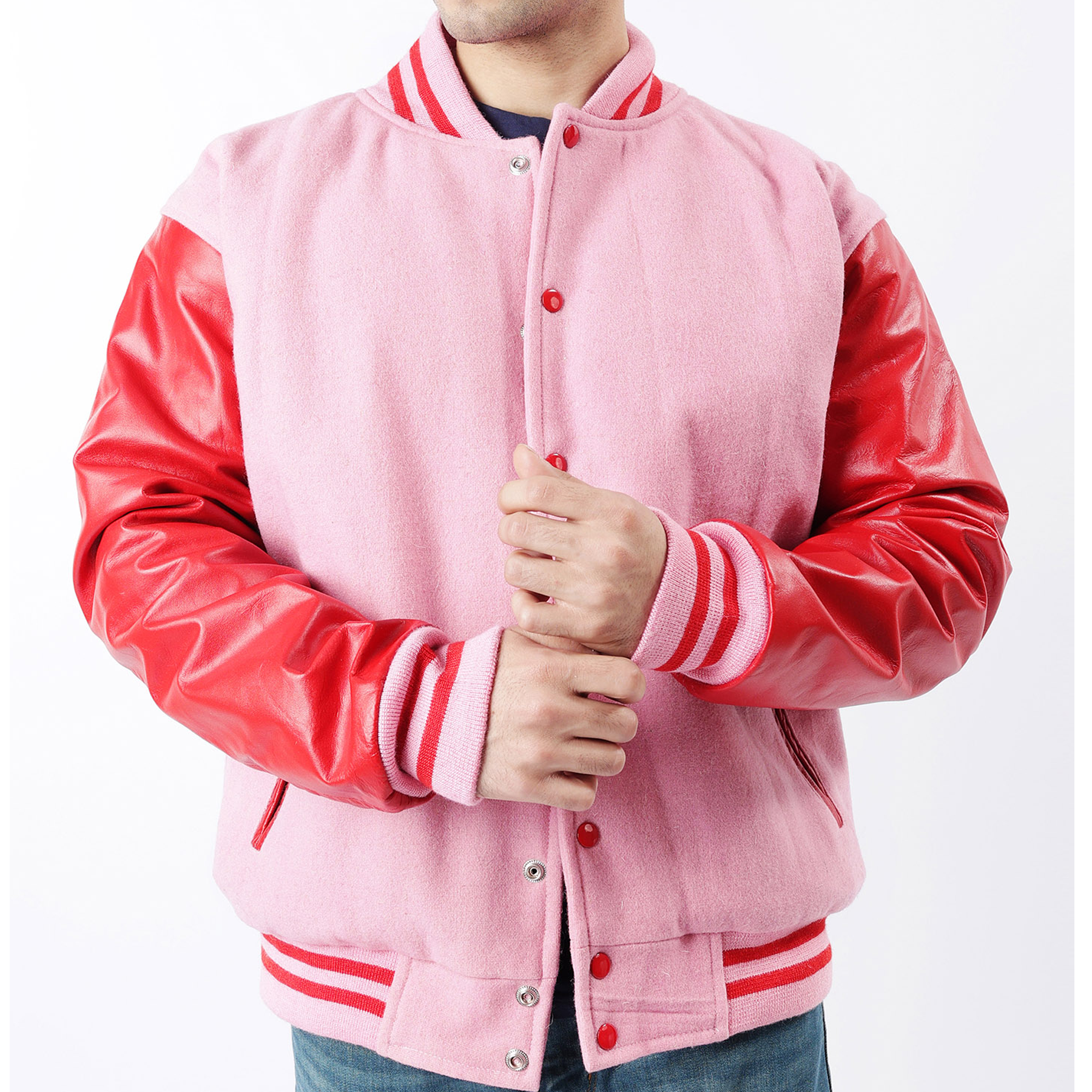 Men's Red And Pink Letterman Jacket Leather Sleeves Wool Body Varsity Jacket