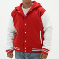 Men's Red And White Varsity Jacket With Hoodie Leather Arms And Wool Body