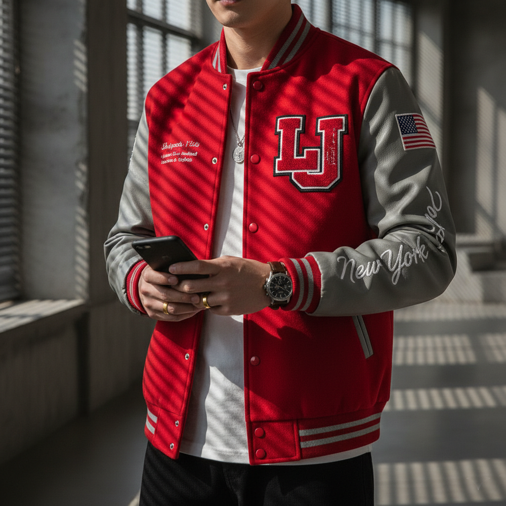 Person wearing a red and gray varsity jacket with 'LJ' and 'New York' text, holding a phone.