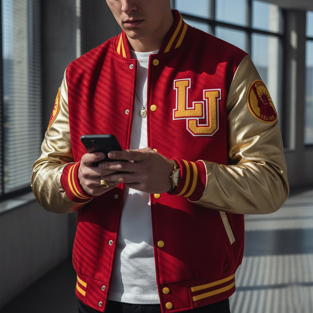 A man wearing red and gold letterman jacket with patches on sleeves and front left panel