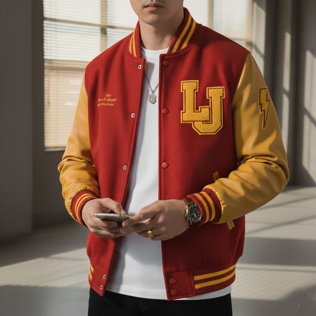 A boy wearing red and yellow letterman jacket, a Big LJ patch on left chest 