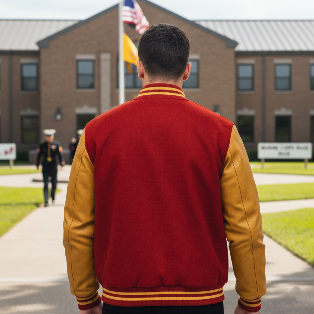 Person wearing a red and yellow varsity jacket standing in front of a building with an American flag.