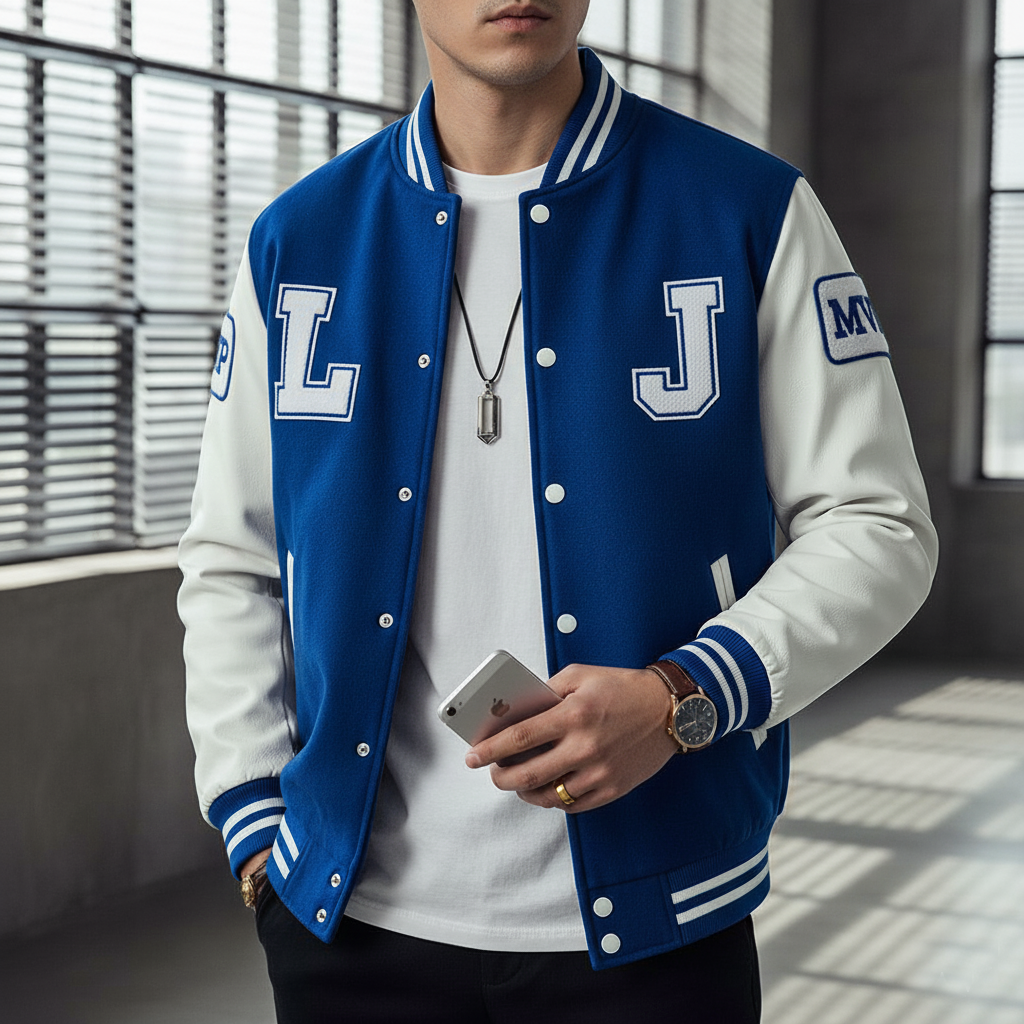 Person wearing a blue and white varsity jacket with lettering, holding a phone indoors.