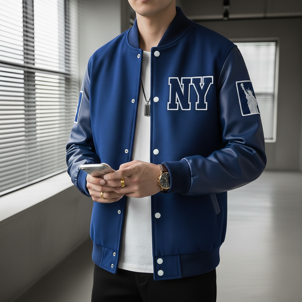 Person wearing a blue NY letterman jacket holding a phone indoors.