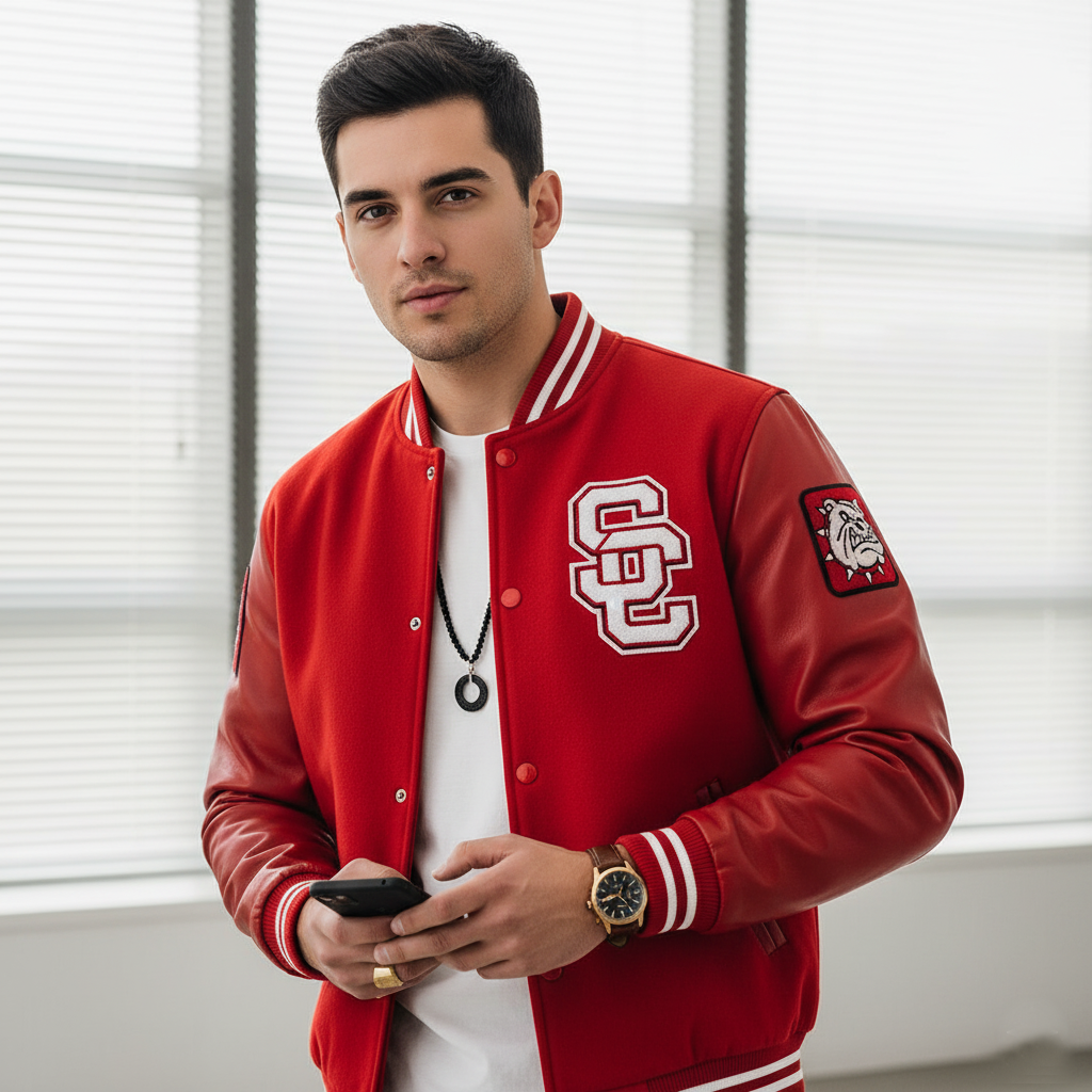 Man wearing a red varsity jacket with a school logo, holding a phone indoors.