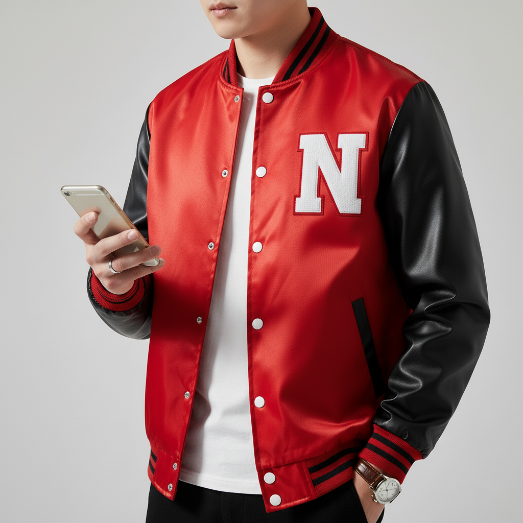 a boy wearing red and black satin baseball jacket, N patch on its left panel