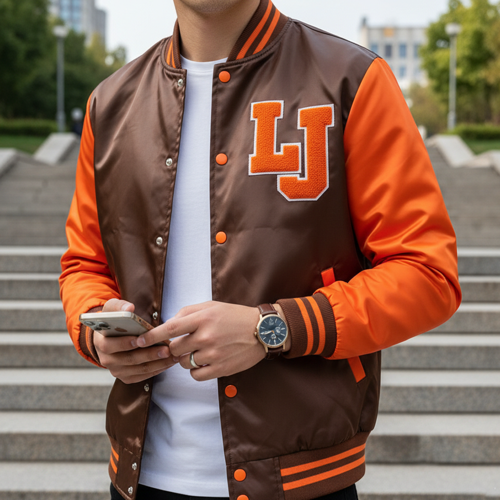 Person wearing a satin brown and orange letterman jacket with 'LJ' on it, standing outdoors.