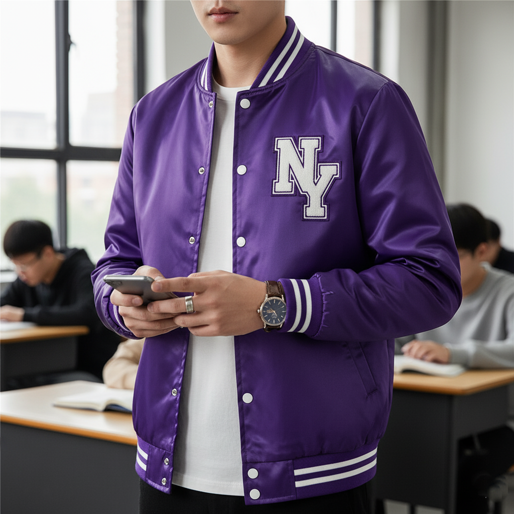 Person wearing a purple varsity jacket with 'NY' emblem in a classroom setting