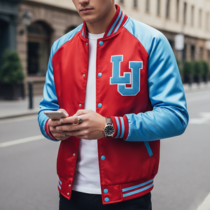 Person wearing a red and blue letterman jacket with 'LJ' on a street background