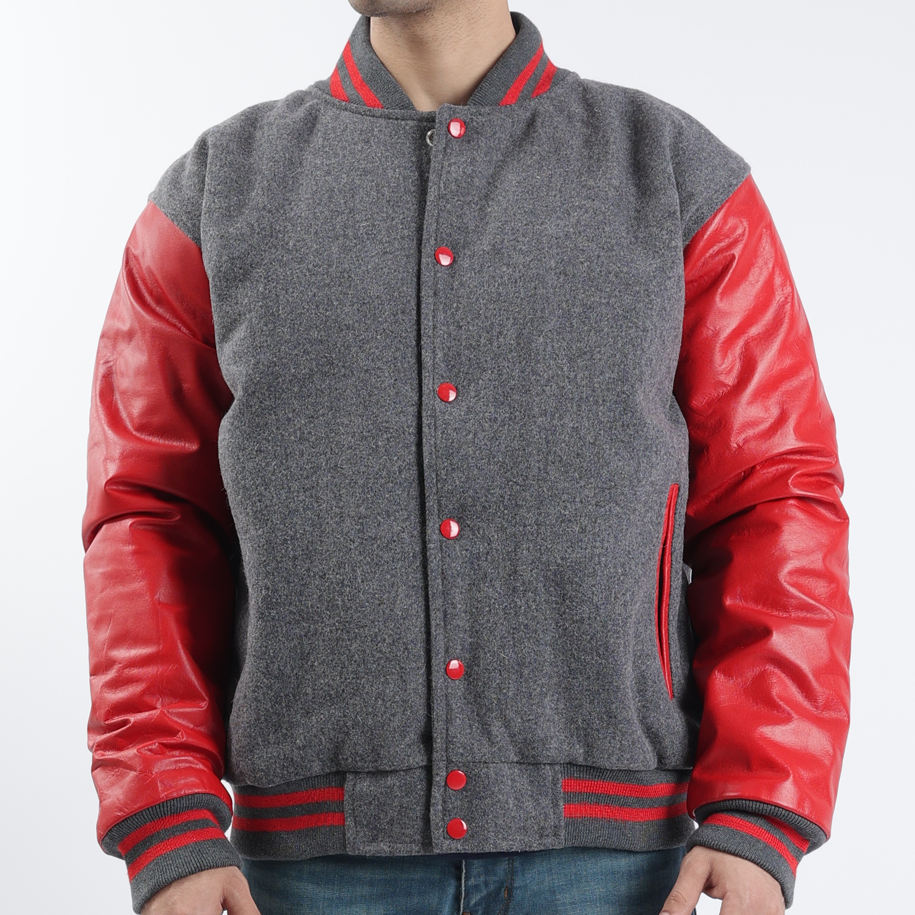 Seniors Letterman Jacket Grey And Red Leather Sleeves Wool Body Varsity Jacket