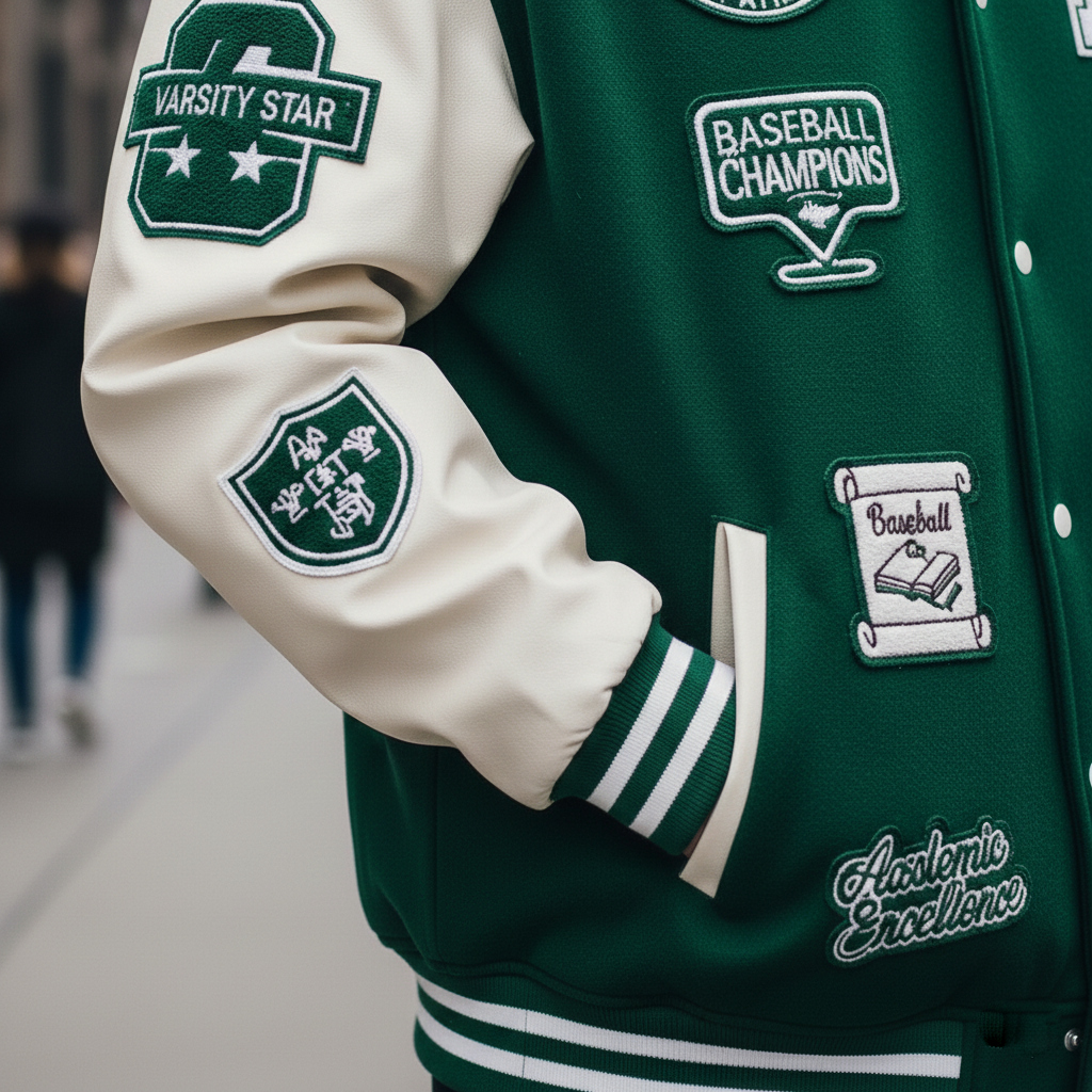 Side view of Erome letterman jacket with white sleeves and green body showing award-style design