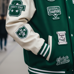 Side view of Erome letterman jacket with white sleeves and green body showing award-style design