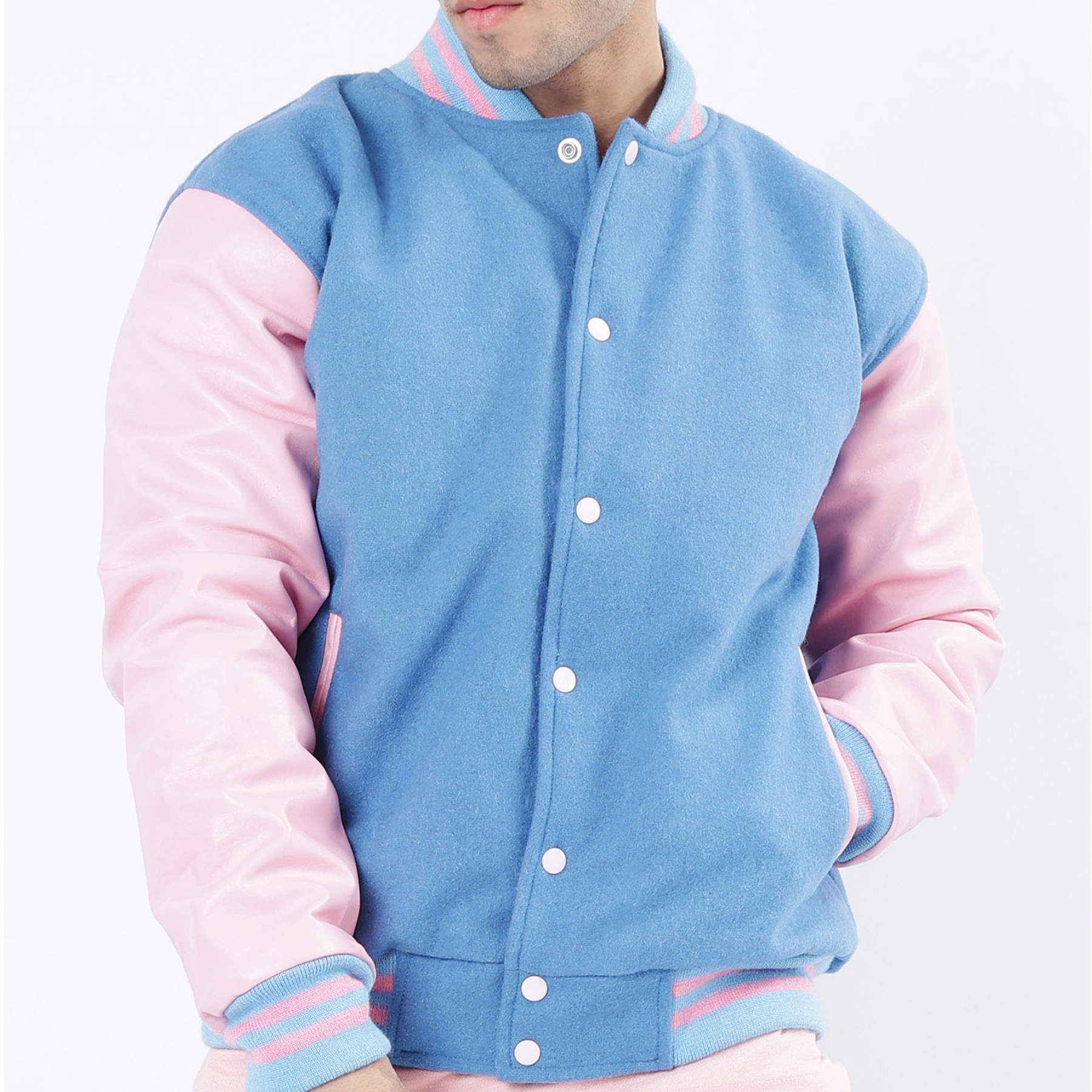 Sky Blue And Pink Letterman Jacket Leather Sleeves Wool Body Varsity Jacket