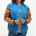Women's Sky Blue Body And Brown Leather Sleeves Letterman Jacket