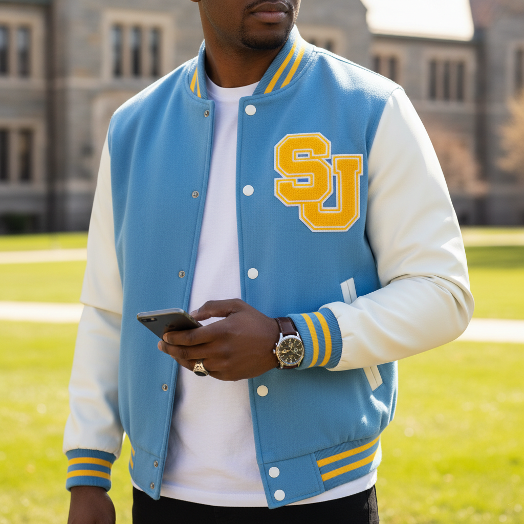 a student standing in university campus outdoor wearing Southern University Jacket 
