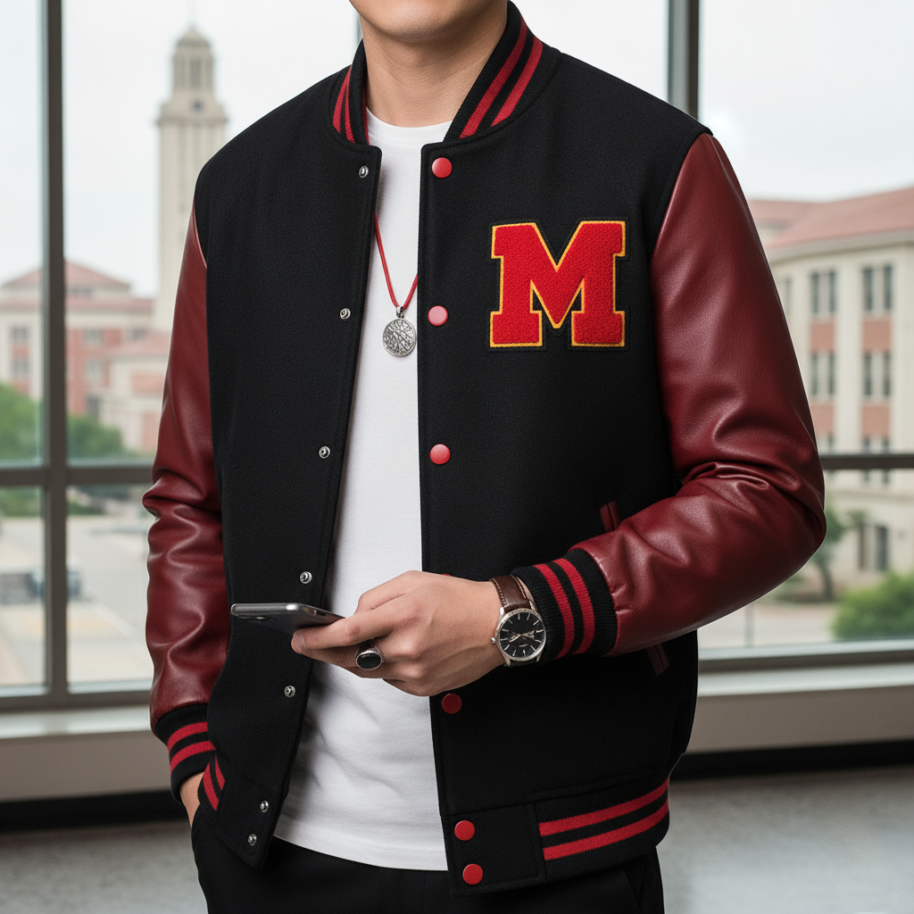 a man wearing a black varsity jacket with dark red/maroon leather sleeves and a large red and gold letter 'M' patch