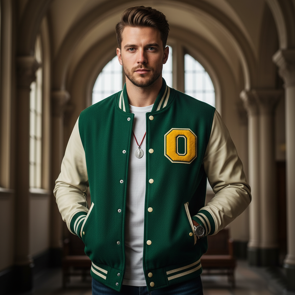 a student wearing University of Oregon Letterman Jacket, a big O patch on the left chest
