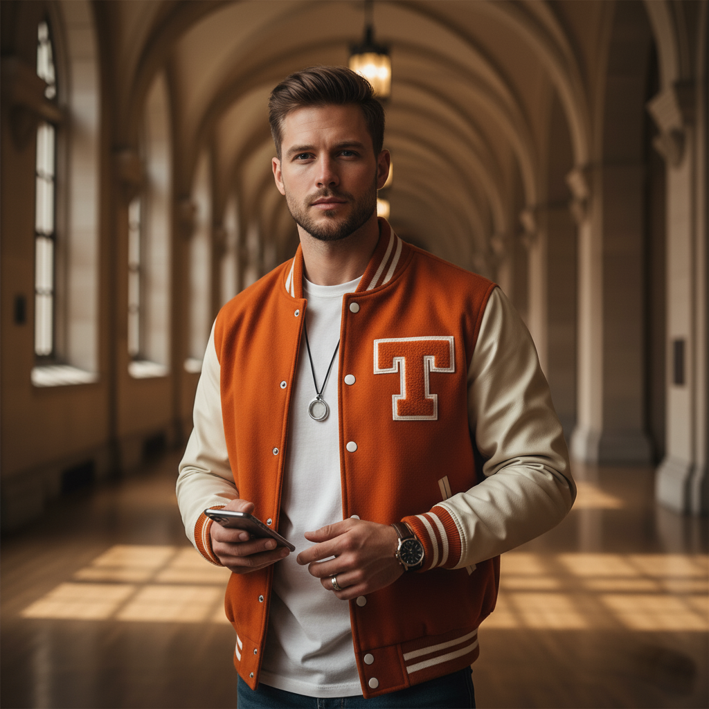 Man wearing an orange and beige varsity jacket with a large 'T' in a hallway.
