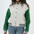 Varsity Jacket Women White And Green Leather Arms And Wool Body
