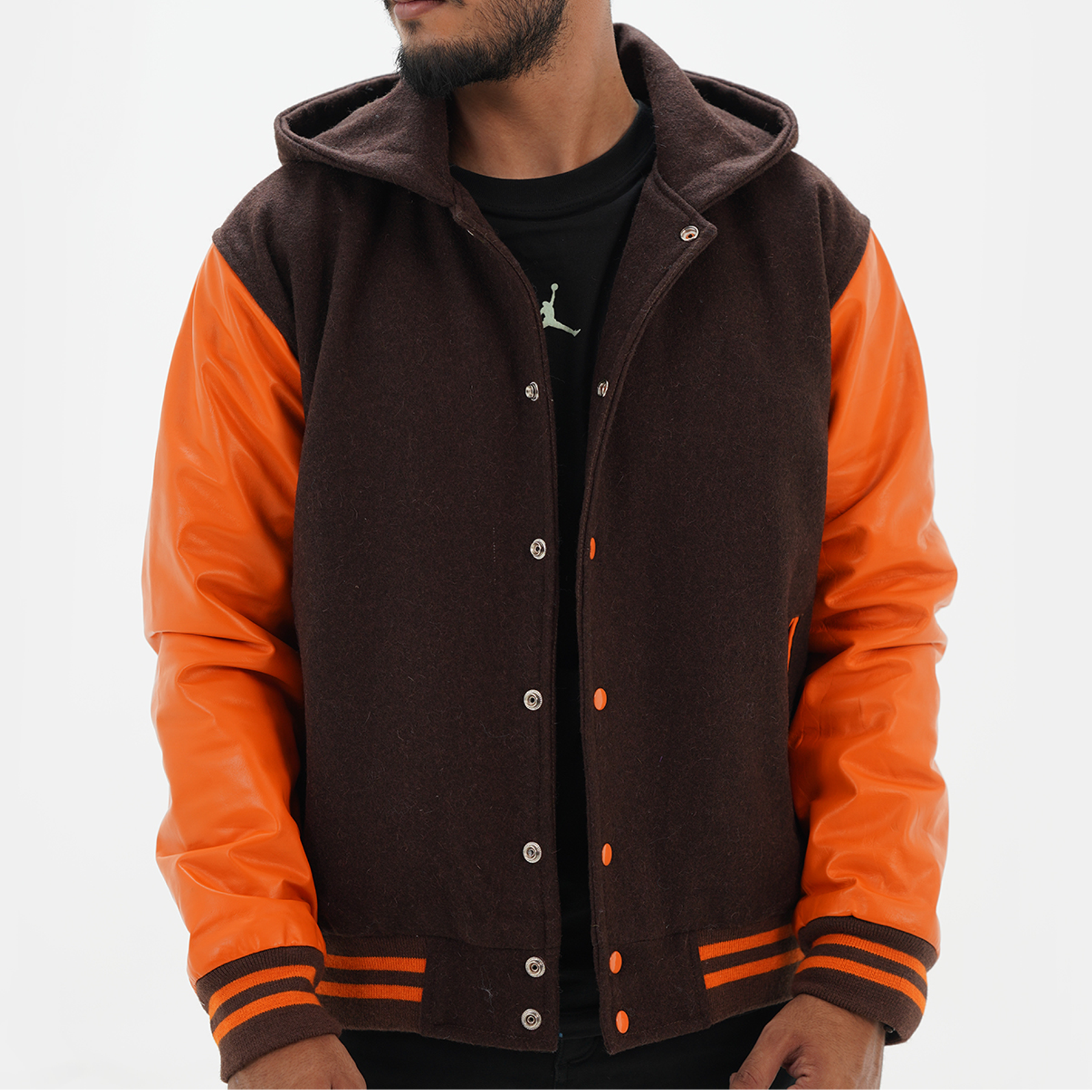 Chocolate Brown Body And Old Gold Leather Arms Varsity Jacket With Hoodie