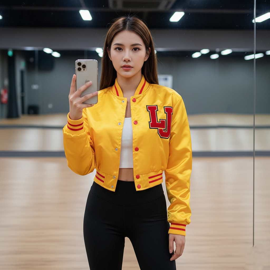 Woman in a yellow jacket with a red letter 'LJ' taking a selfie in a mirror.