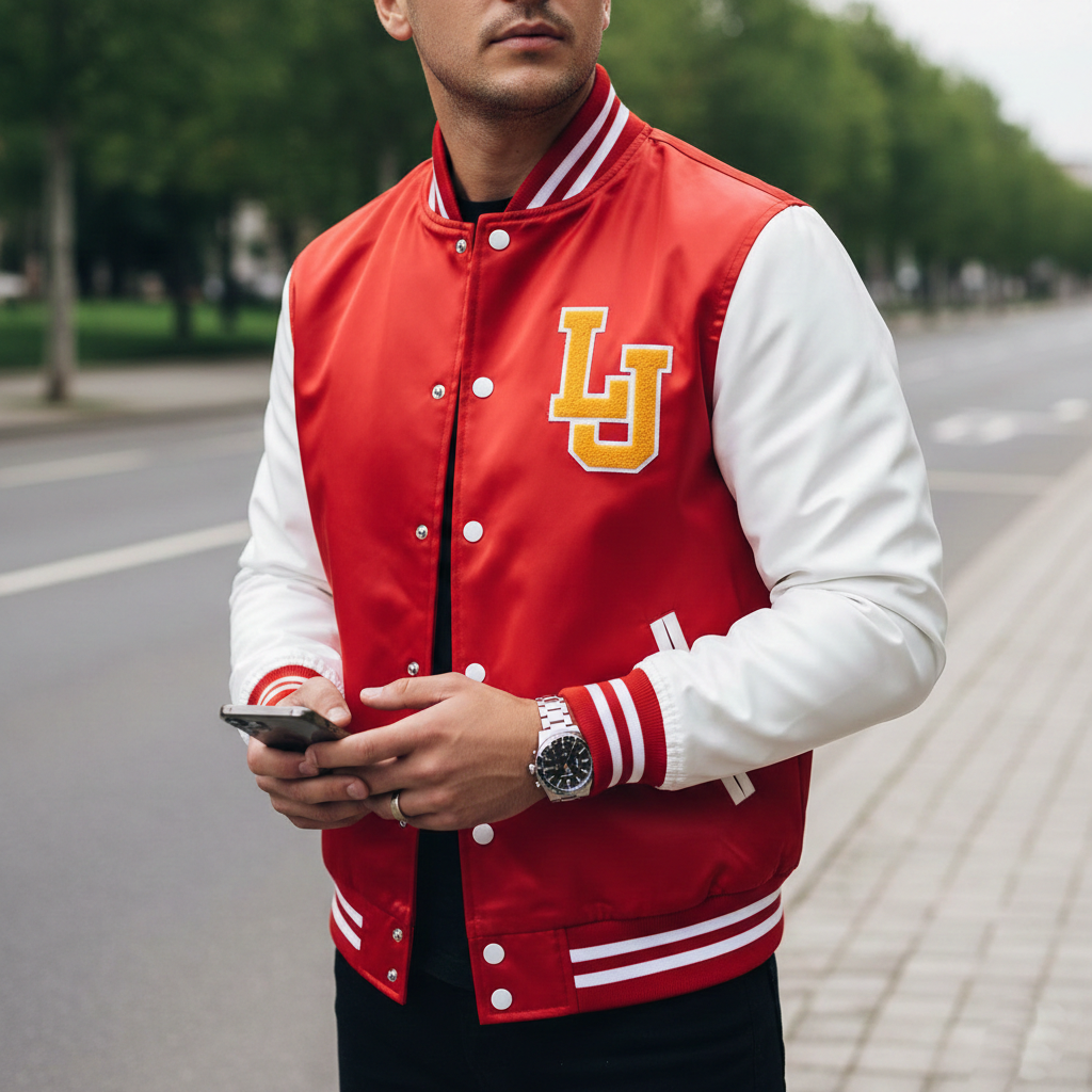 Person wearing a red and white letterman jacket with 'LJ' logo on a street.