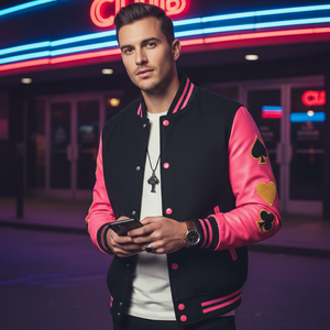 Man wearing a pink and black varsity jacket with neon signs in the background