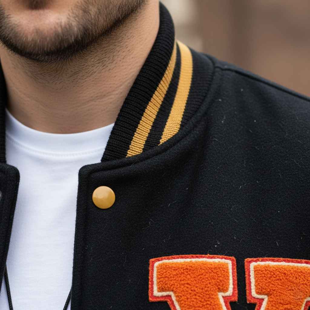 Black and gold varsity jacket collar detail with orange letter V patch.