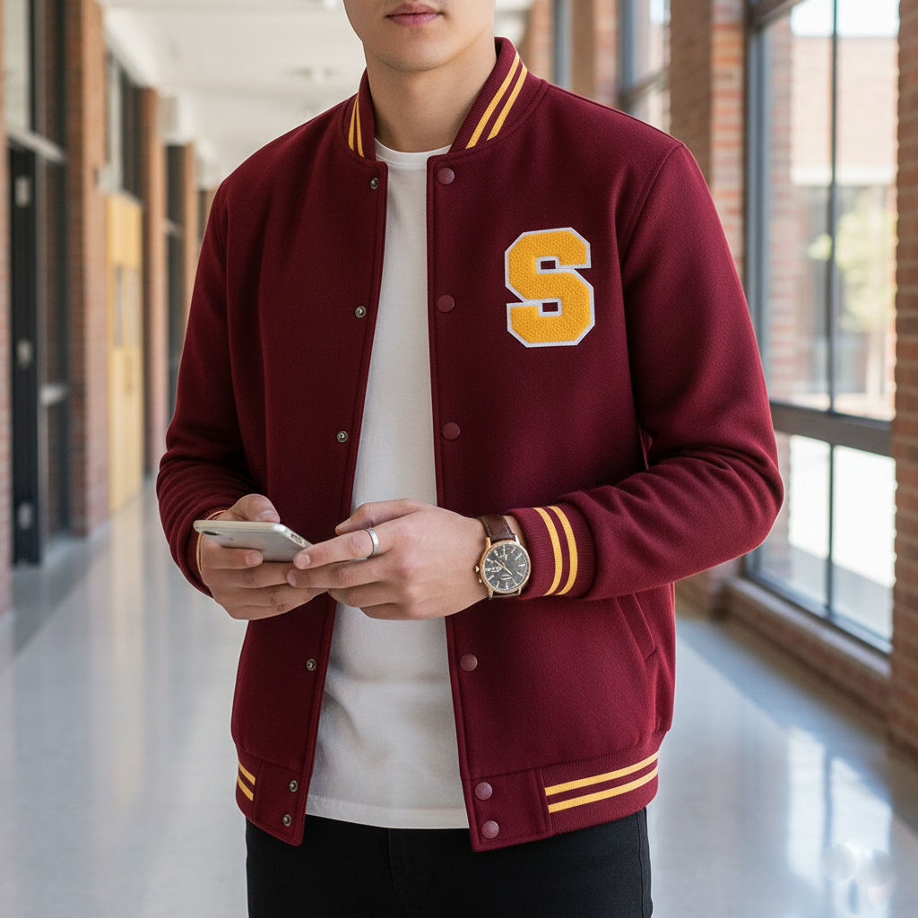 •	letter S varsity jacket front view