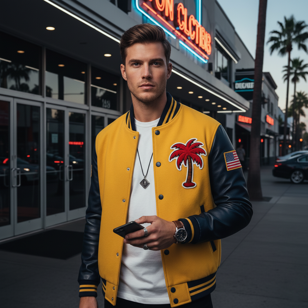Man wearing a yellow varsity jacket with palm tree design and American flag patch, standing on a city street.