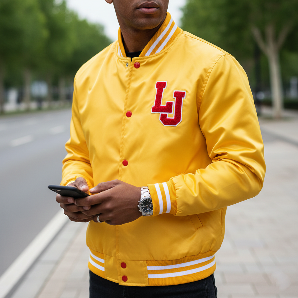 Person wearing a yellow letterman jacket with 'LJ' logo, holding a phone outdoors.