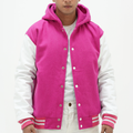 Men's pink And White Varsity Jacket With Hood Wool Body Leather Sleeves