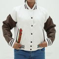 Women 49ers Letterman Jacket White Wool Body And Chocolate Leather Arms