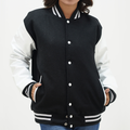 Women's Black And White Letterman Jacket Wool Body Leather Sleeves