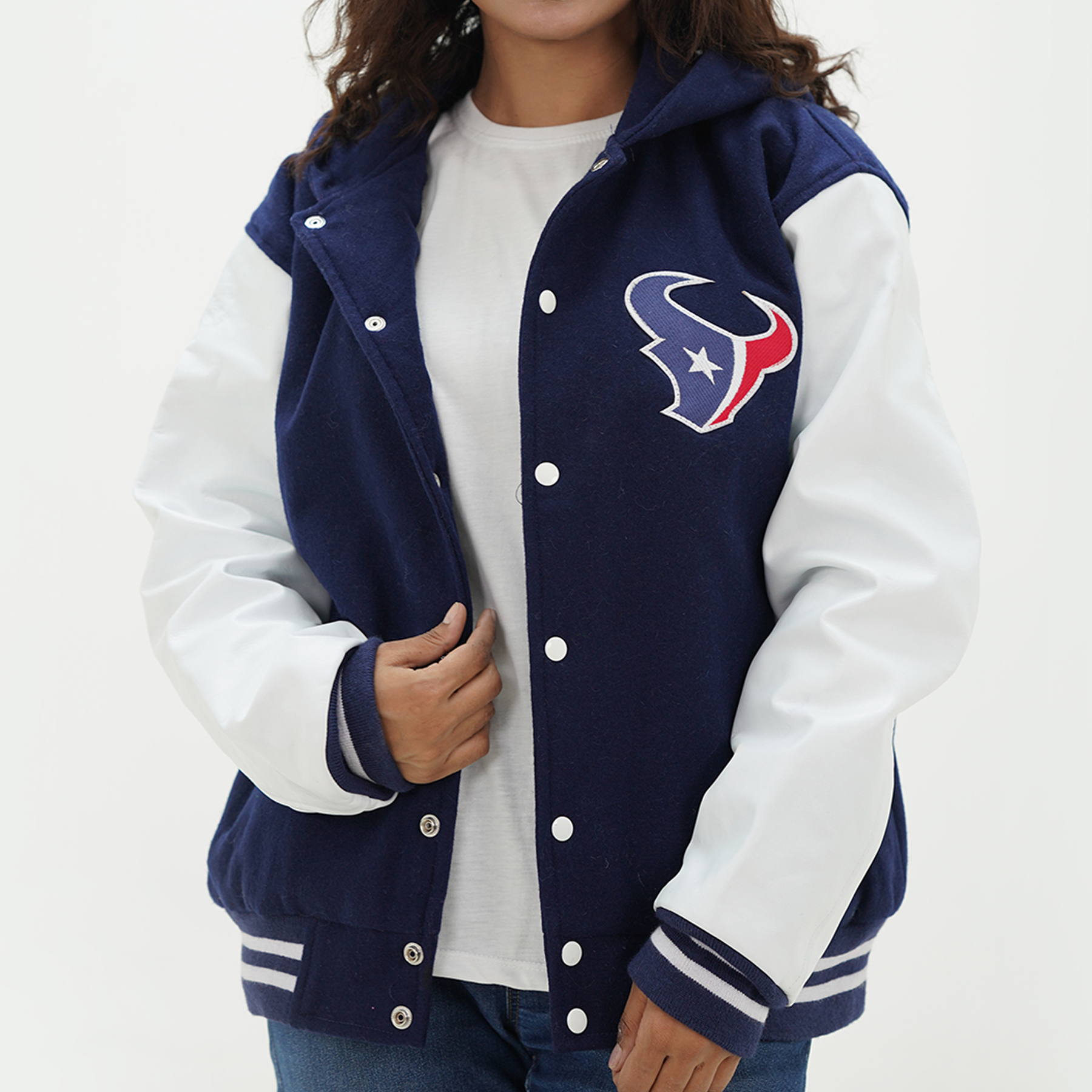 Women's Houston Texans Varsity Jacket Leather Arms And Wool Body Varsity Hoodie