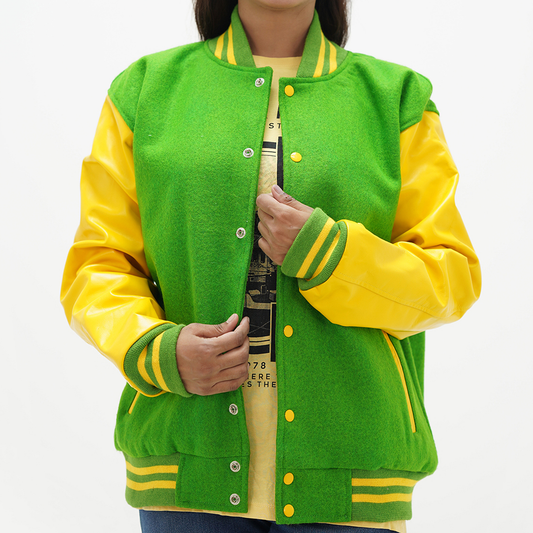 Women's Kelly Green Letterman Jacket Leather Arms And Wool Body Varsity Jacket