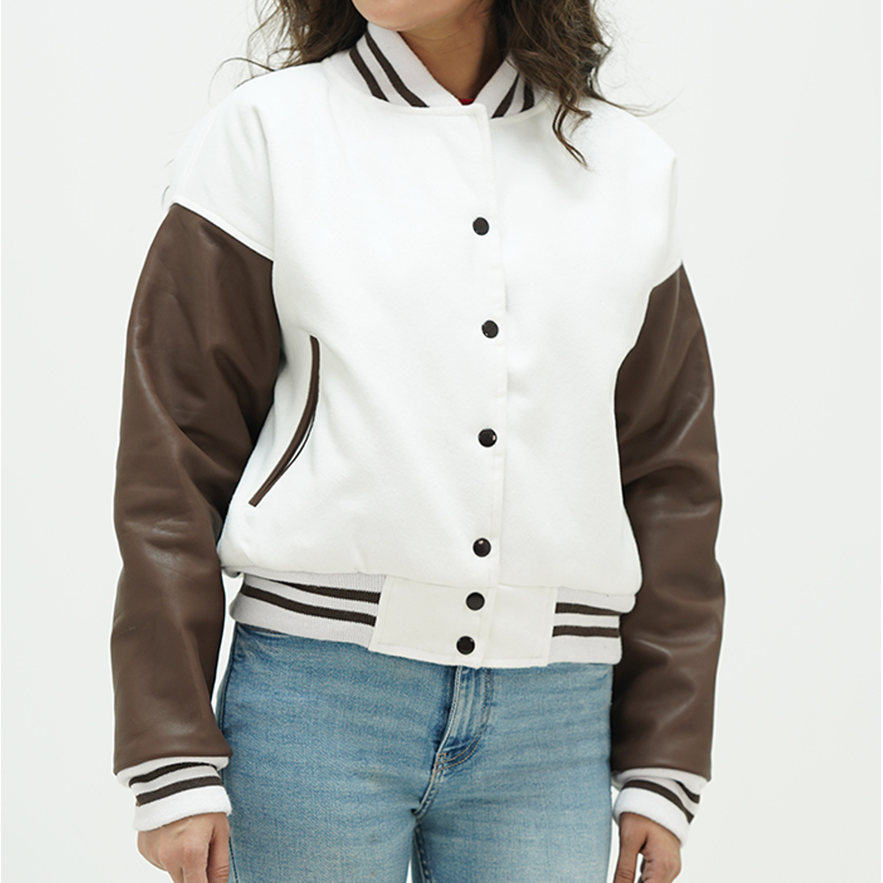 Women's Letterman Varsity Jacket White Wool Body And Chocolate Brown Leather Arms