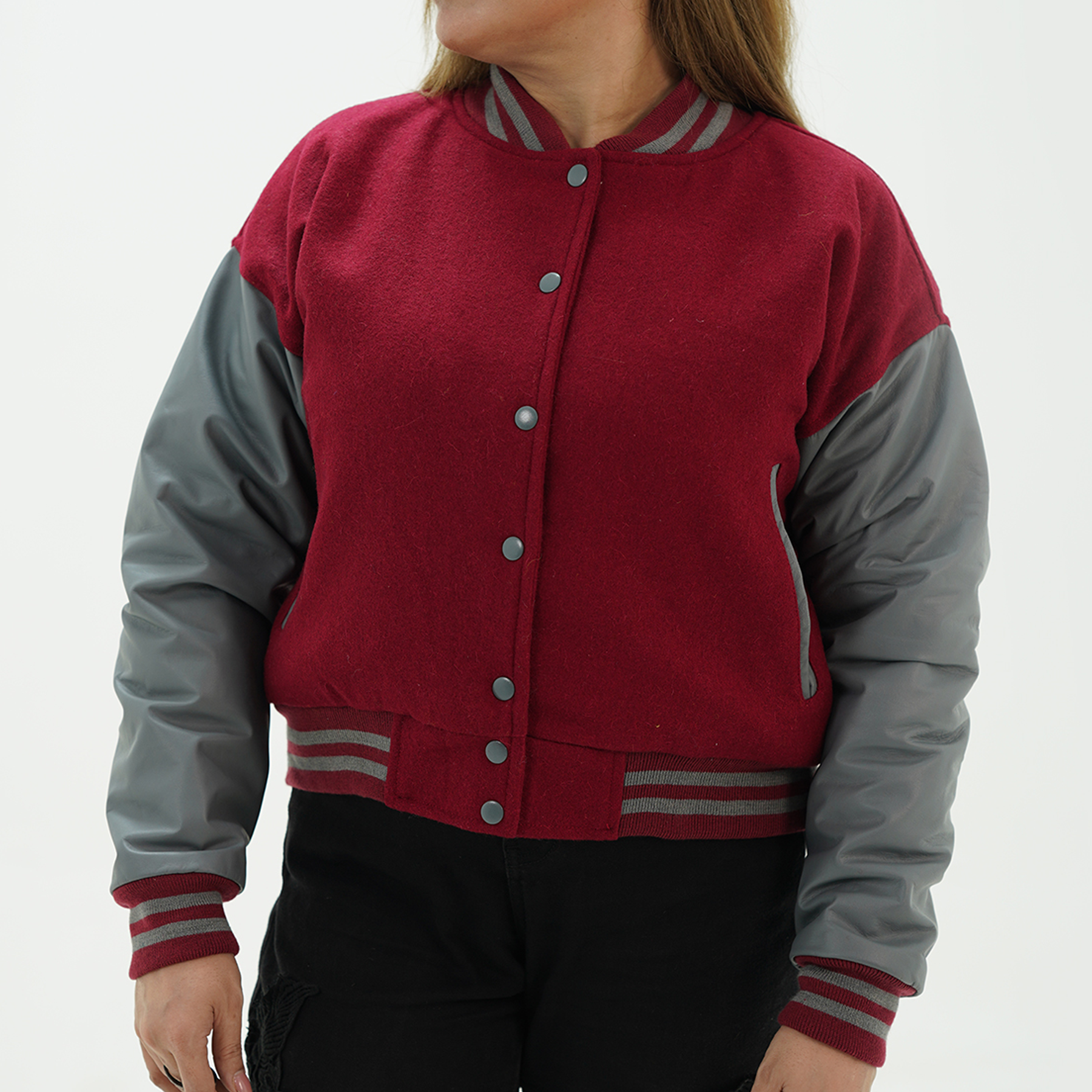 Women's Magenta And Gray Letterman Jacket Leather Arms And Wool Body