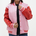Women's Red And Pink Letterman Jacket Leather Sleeves Wool Body Varsity Jacket