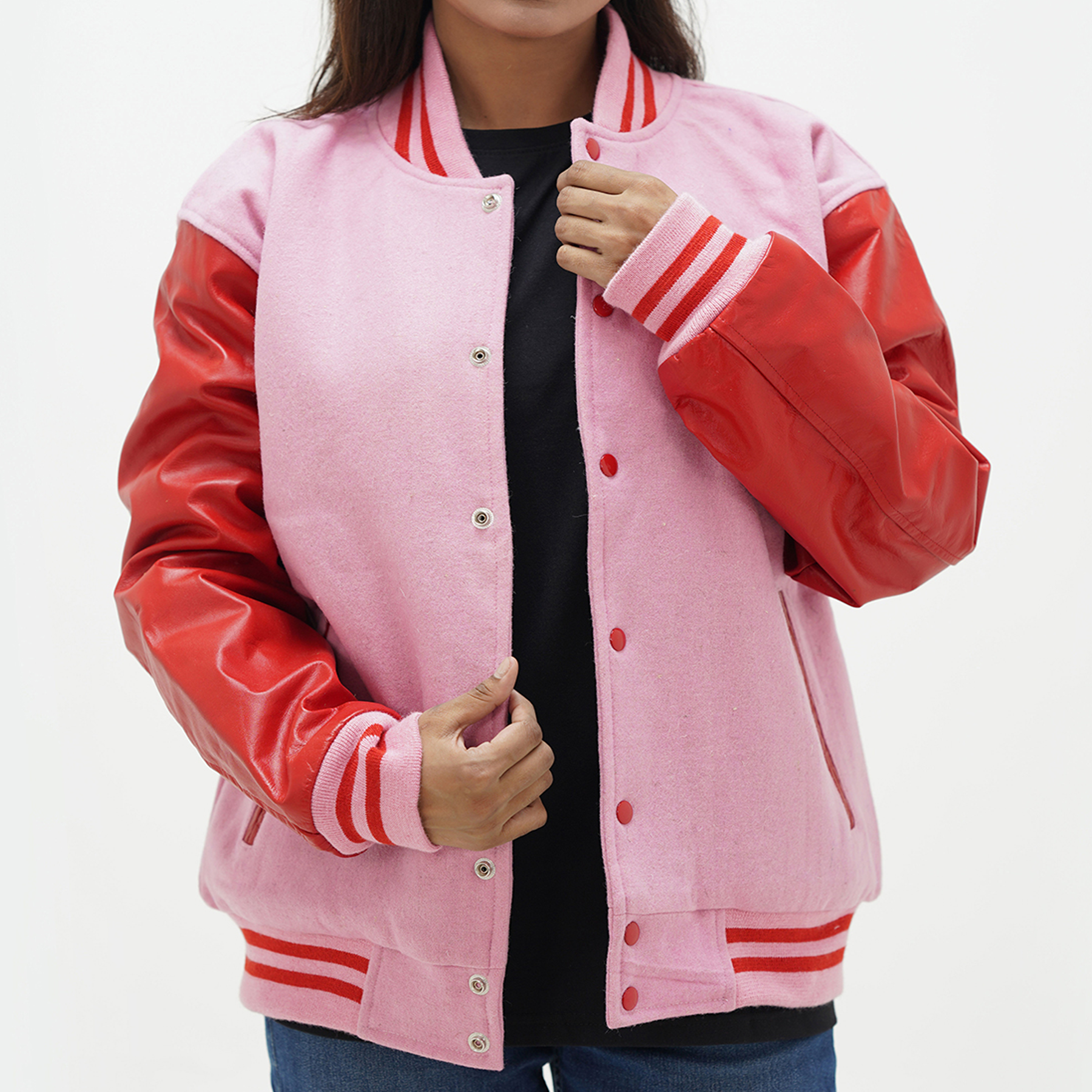 Women's Red And Pink Letterman Jacket Leather Sleeves Wool Body Varsity Jacket