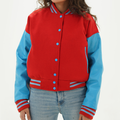 Women's Red And Sky Blue Wool Body And Leather Arms Varsity Jacket