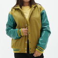Camel Wool Body And Green Leather Sleeves Women's letterman Jacket With Hood